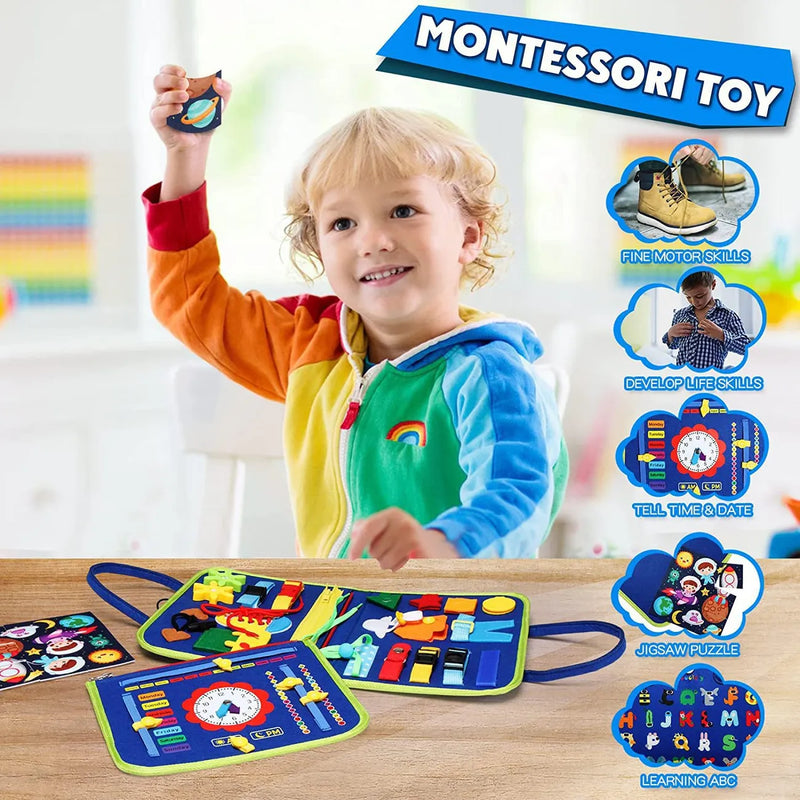Montessori Felt Book With Puzzles and Motor Skills Games Blue