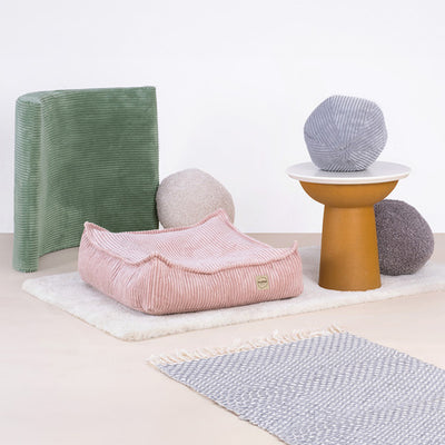 PLUSH Pouf, 60x60 cm, Floor Cushion Premium Corduroy Beige/Grey/Pink